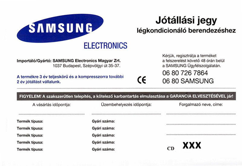 Samsung magyar kl&iacute;ma garancia